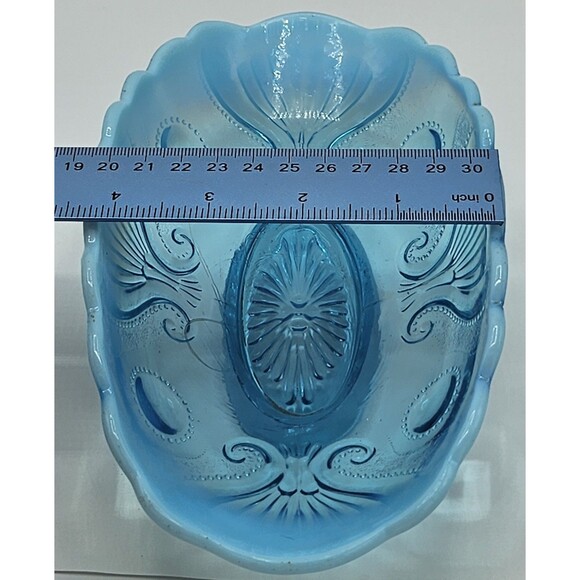 Beautiful Vintage Jefferson Glass Jewel & Fan Blue Opalescent 8.75" Pickle Dish - Picture 6 of 16